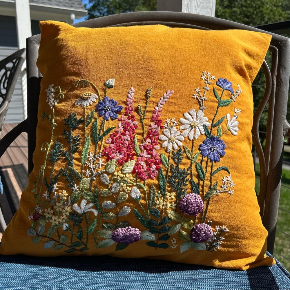 Handmade Floral Embroidered Marigold Colored 18” x 18” Decorative Pillow
